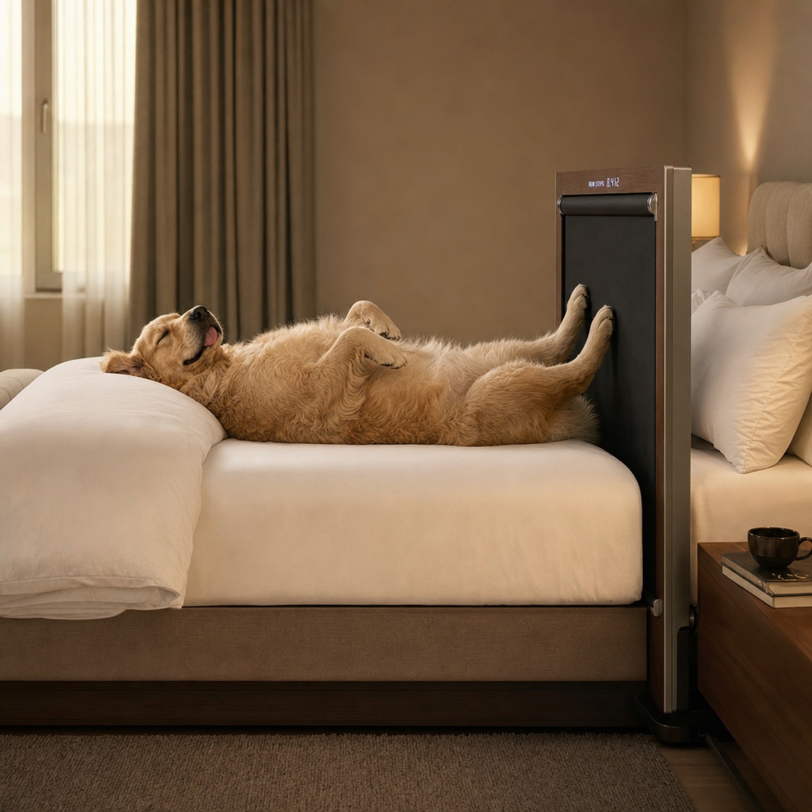 A golden retriever asleep on its back with all four paws walking on the WalkingBed belt