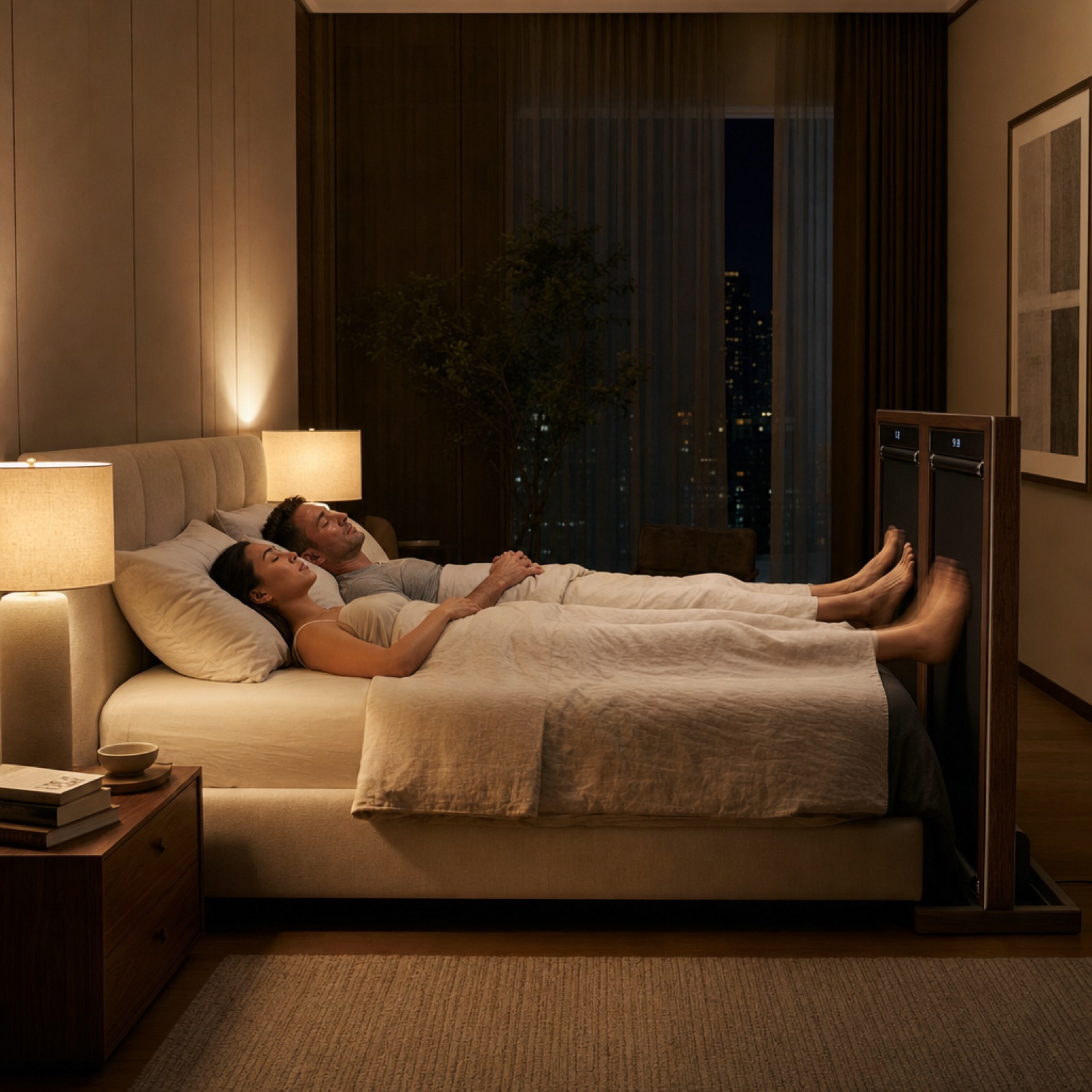 A couple asleep on a WalkingBed Duo, her feet walking calmly while his are a sprinting blur