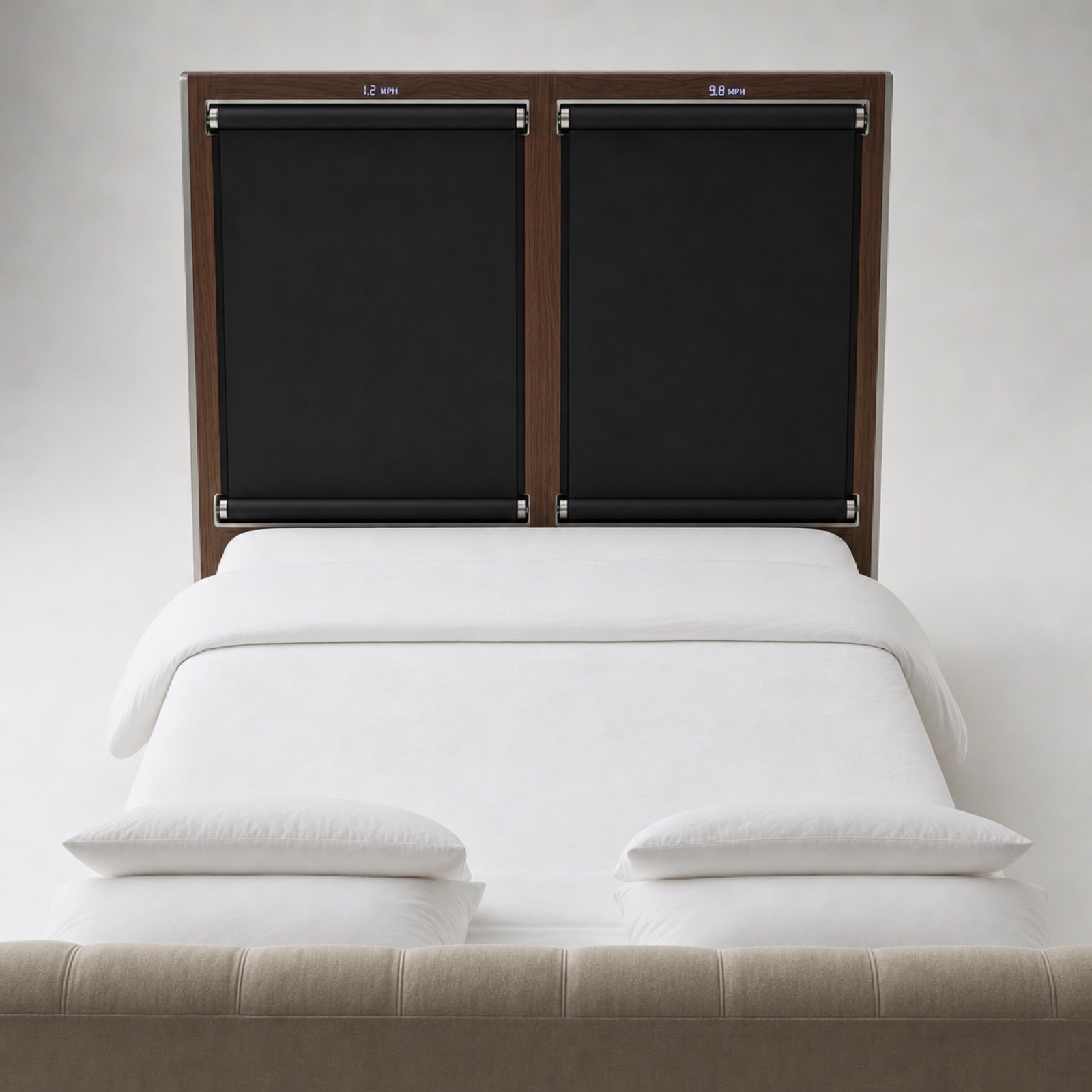 WalkingBed Duo with two side-by-side vertical belts, one set to 1.2 MPH and one to 9.8 MPH