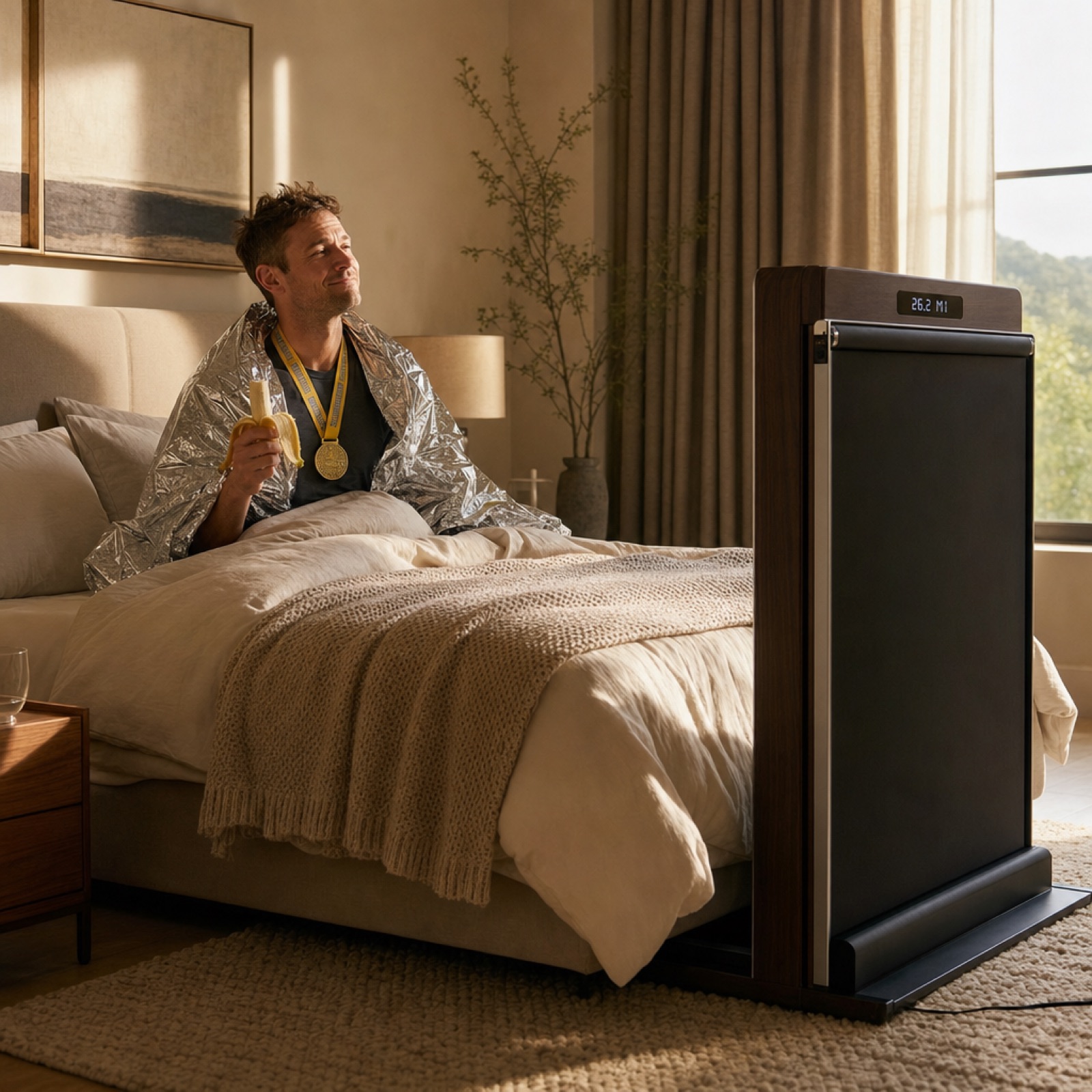 A groggy man sitting up in bed wearing a gold finisher's medal and a silver Mylar blanket, eating a banana, the WalkingBed display reading 26.2 miles