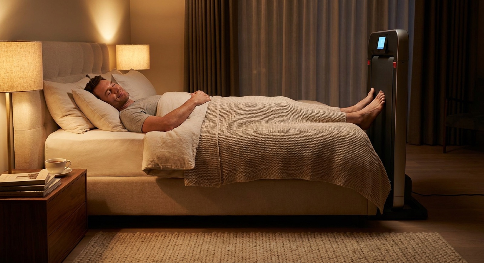 A man asleep on his back, smiling, his bare feet walking on the vertical treadmill footboard of his WalkingBed