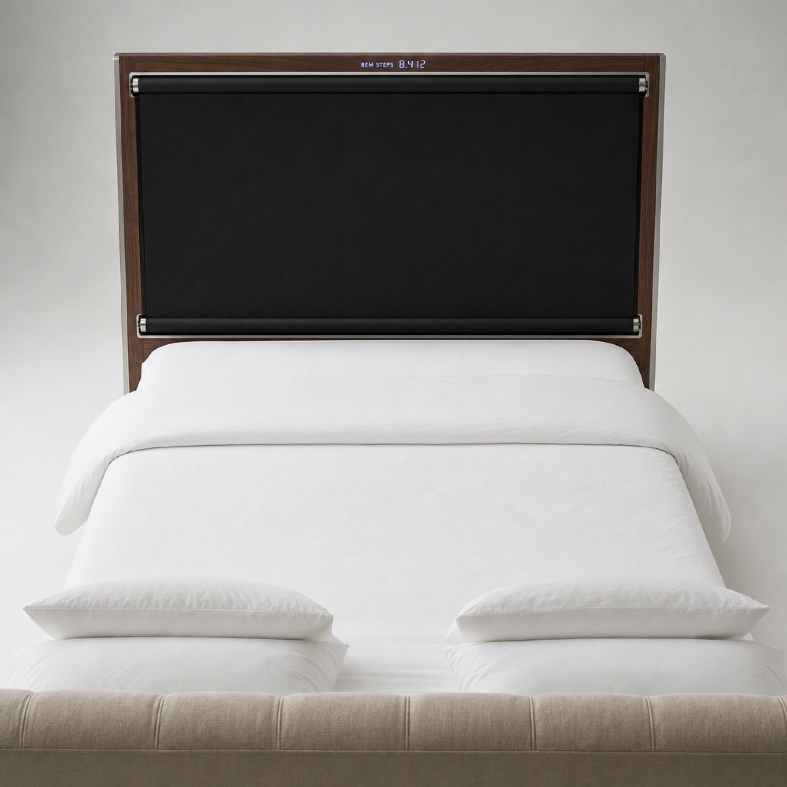 WalkingBed Pro Max REM Edition, viewed from the headboard, showing the full-width vertical treadmill belt at the foot of the bed