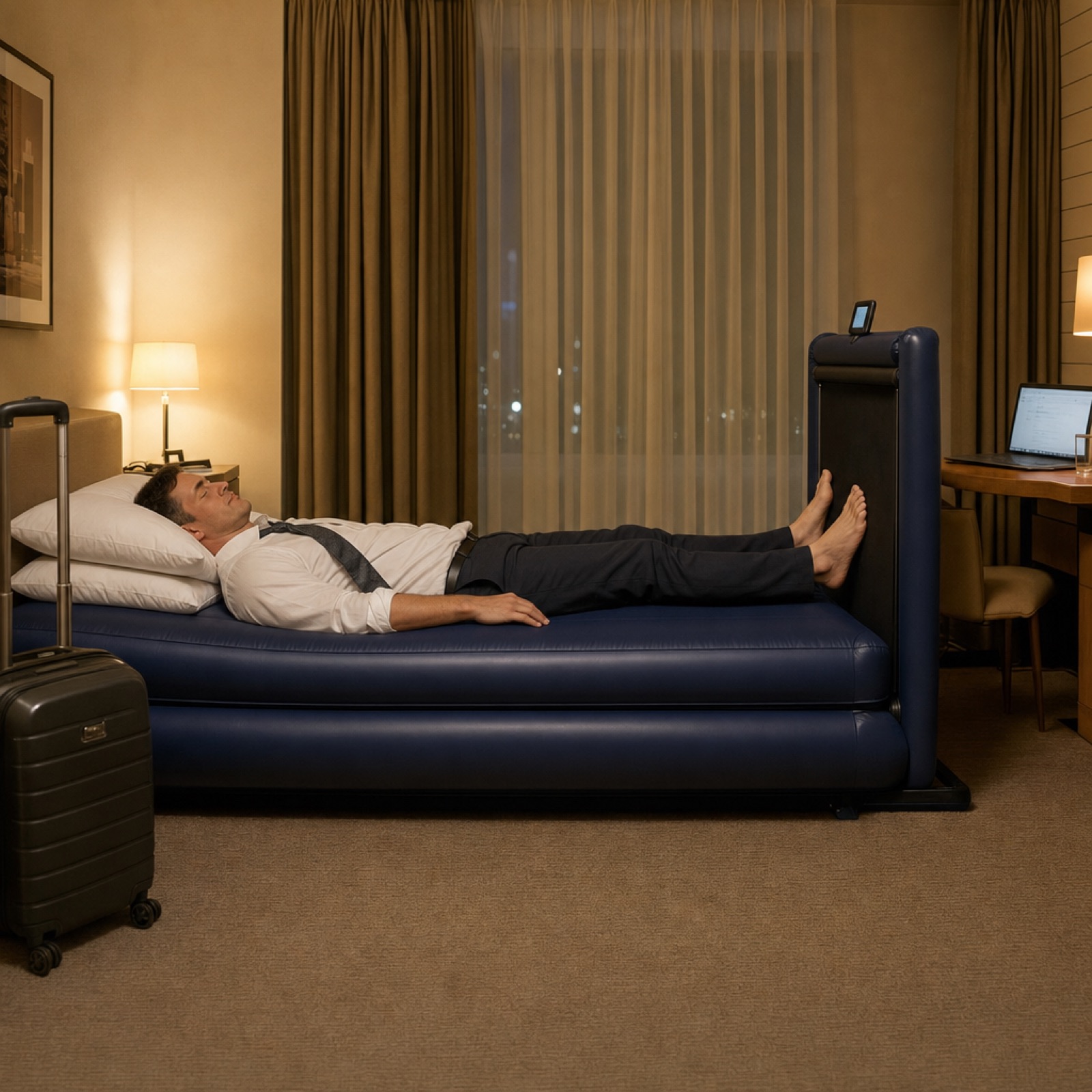 A businessman in a dress shirt asleep on the inflatable WalkingBed Travel in a hotel room