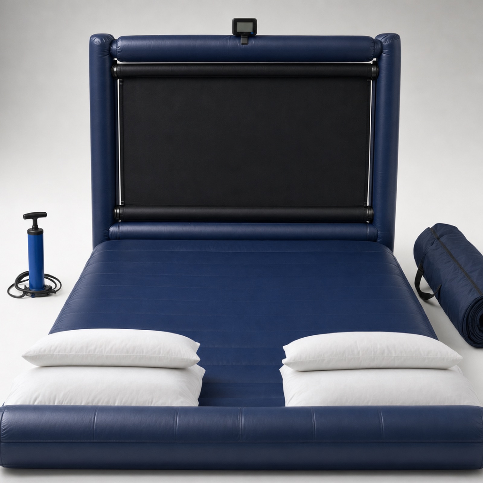WalkingBed Travel, a navy inflatable air mattress with an inflatable vertical treadmill footboard, hand pump and carry bag